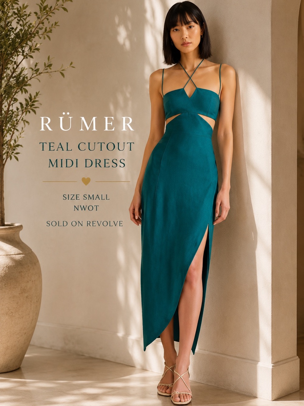 RÜMER Teal Cutout Midi Dress | Revolve | Wedding Guest | NWOT